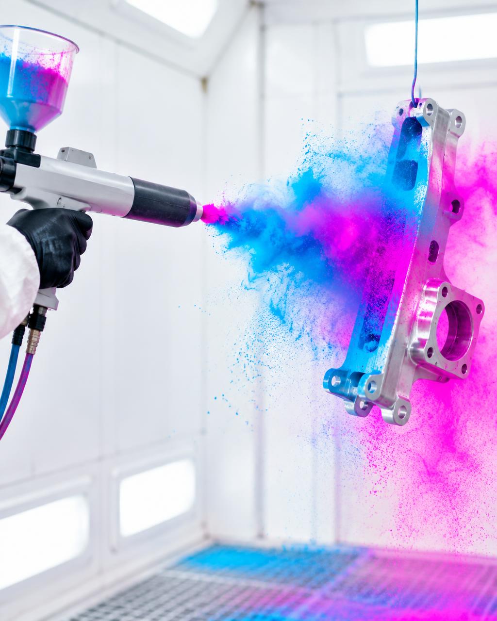 Pistola elettrostatica che applica la polvere su un componente metallico